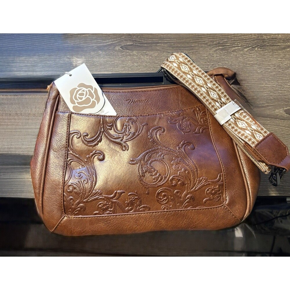 Vimuti Brown Shoulder Bag Embossed Floral Patterned Strap Women’s